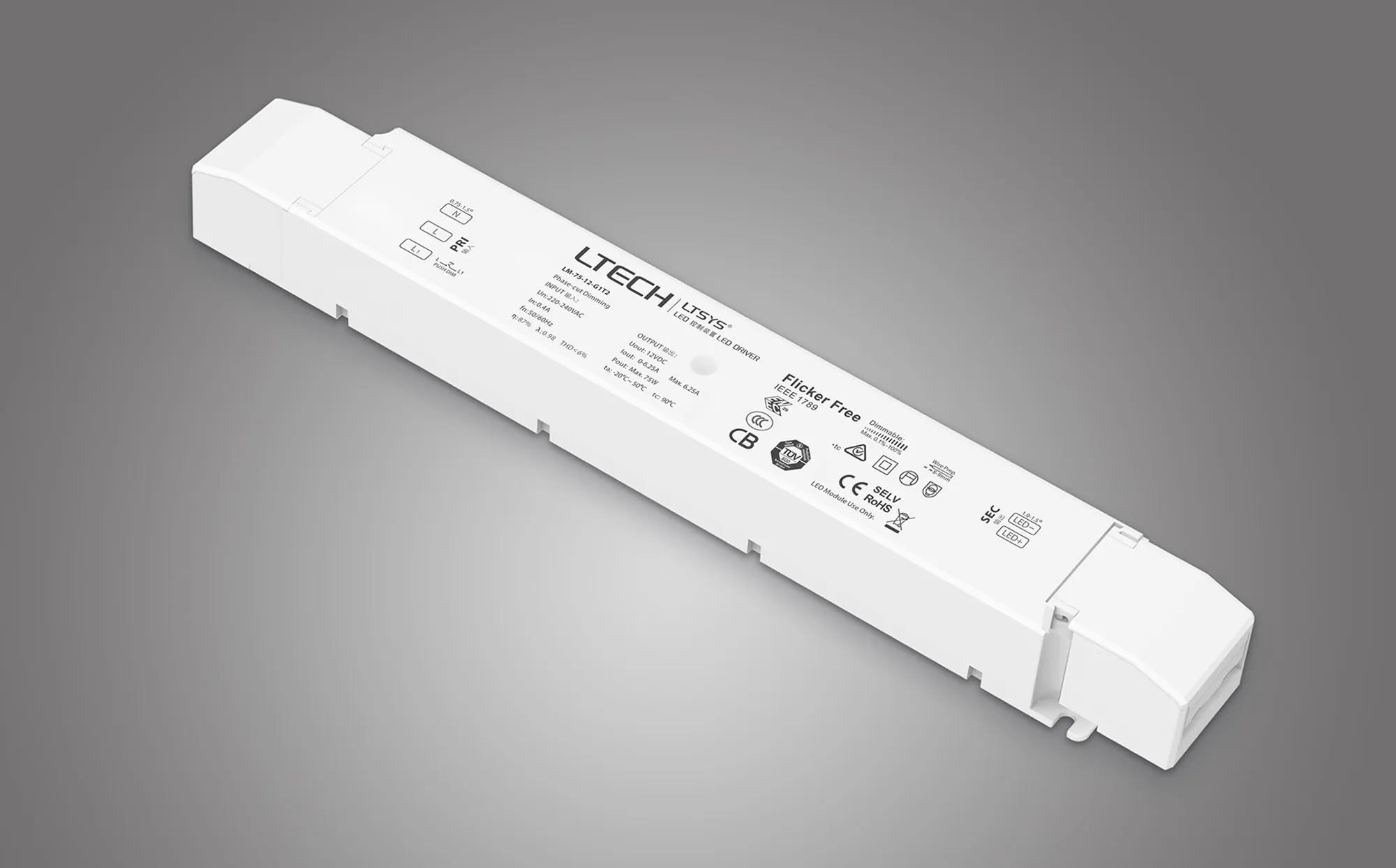 Intelligent LED driver, Leading,Trailing edge, Phase-cut and Push DIM/CCT, 0-100% Dim,CV 75W, 12V DC 3.12A O/P, 200-240Vac I/P, IP20, 5yrs Warranty. LM-75-12-G1T2  LTECH Constant Voltage